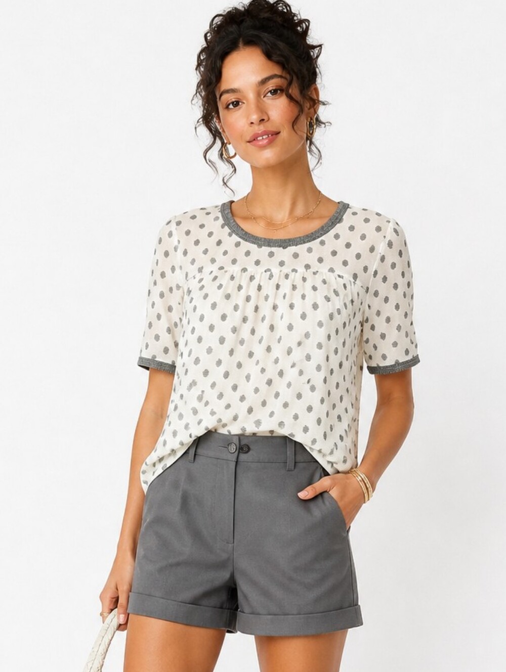 Potter's Pot Gray Polka Dot Shimmer Trim Blouse Size L